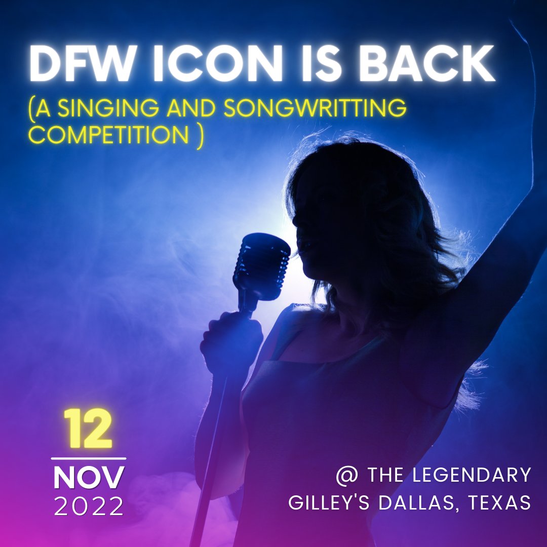 DFW_Icon's tweet image. We're back! The 6th annual DFW Icon Singing and Songwriting Competition! Taking place November 12th, 2022 at Gilley's in Dallas Tx. 
4 Categories
Singing 5 -12 years old 
Singing 13 - 17 years old 
Singing 18+ years old &amp;amp; 
Original Songwriting of any age 
DFWIcon.com