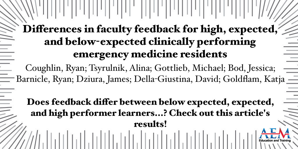 Does feedback differ between below expected, expected, and high performer learners...? Check out this article's results! @MGottliebMD onlinelibrary.wiley.com/doi/10.1002/ae…