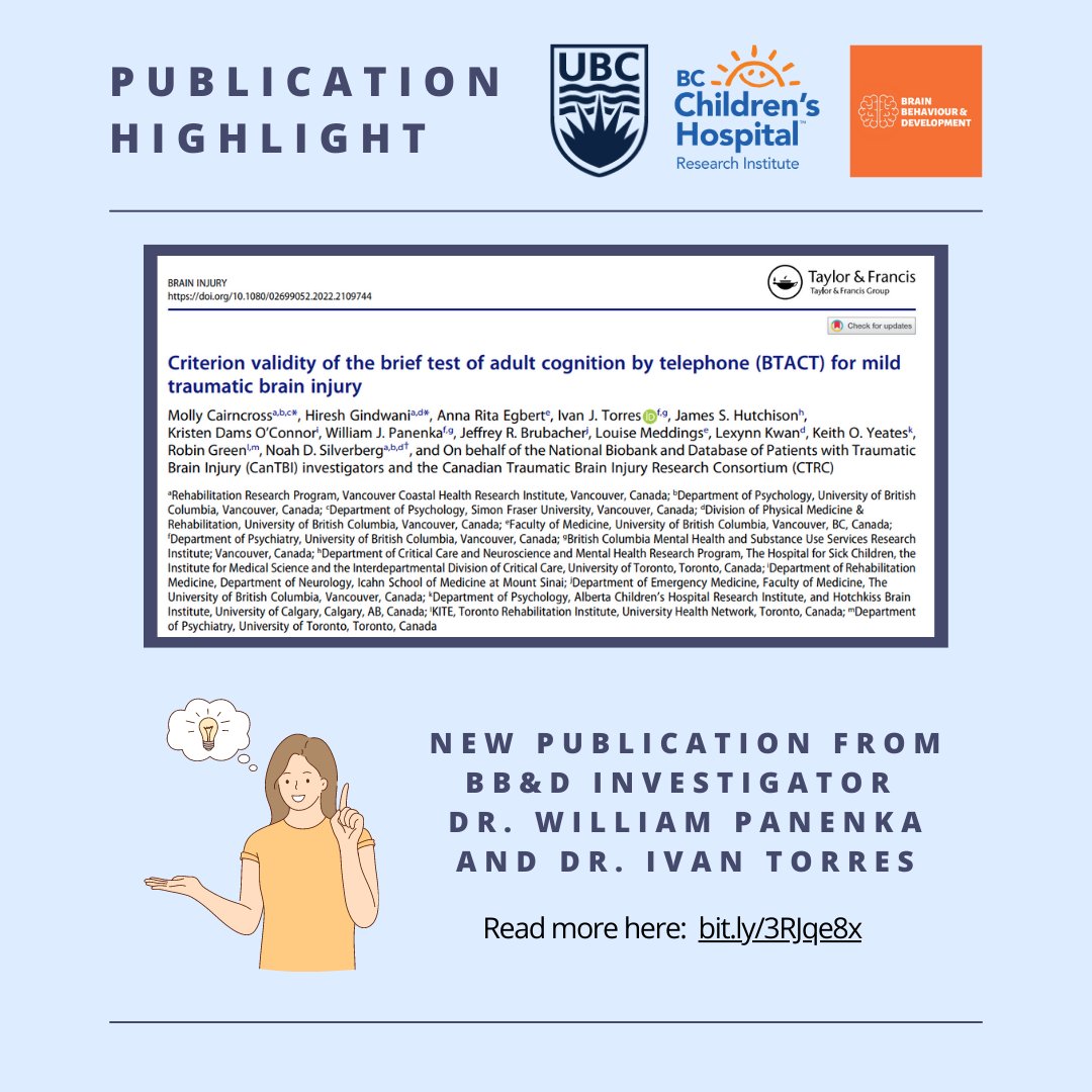 BBDtheme's tweet image. New publication from BB&amp;amp;D Investigator Dr. William Panenka and BB&amp;amp;D Affiliate Investigator Ivan Torres explores the criterion validity of the Brief Test of Adult Cognition by Telephone (BTACT) for mild traumatic brain injury. 

Read more here: bit.ly/3RJqe8x