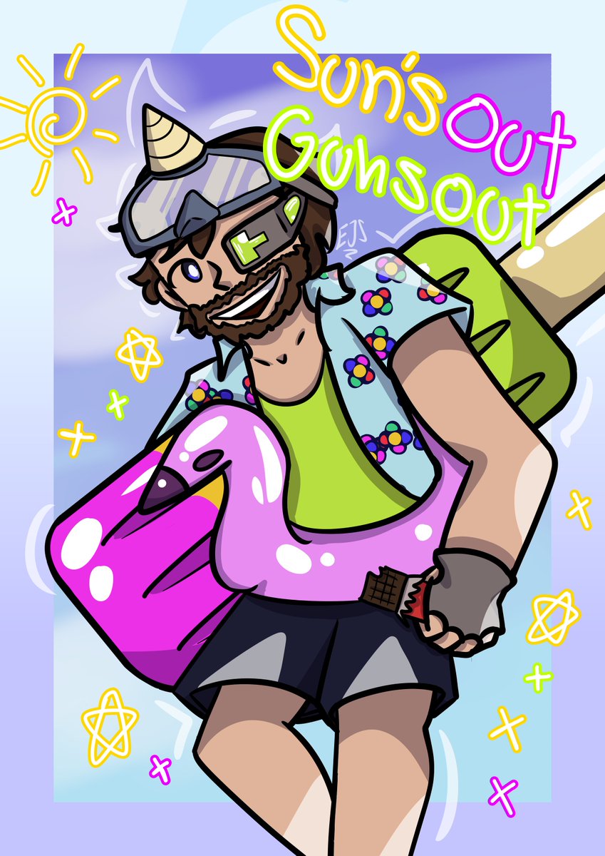 MissEvaJane's tweet photo. @iskall85 

I LOVE vault hunters as a series, super fun.
Couldn't not make some art and tweet it after literally being told to in the latest episode, though idk if I followed the prompt correctly. Wanted to go for fun summer vibes cos of the flamingo floatie lol https://t.co/45pw7eIXy9