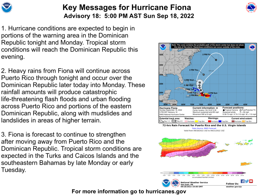 NHC_Atlantic's tweet photo. Here are the 5 pm AST Sunday, September 18 Key Messages for Hurricane #Fiona. https://t.co/pXZJ0B4fkV