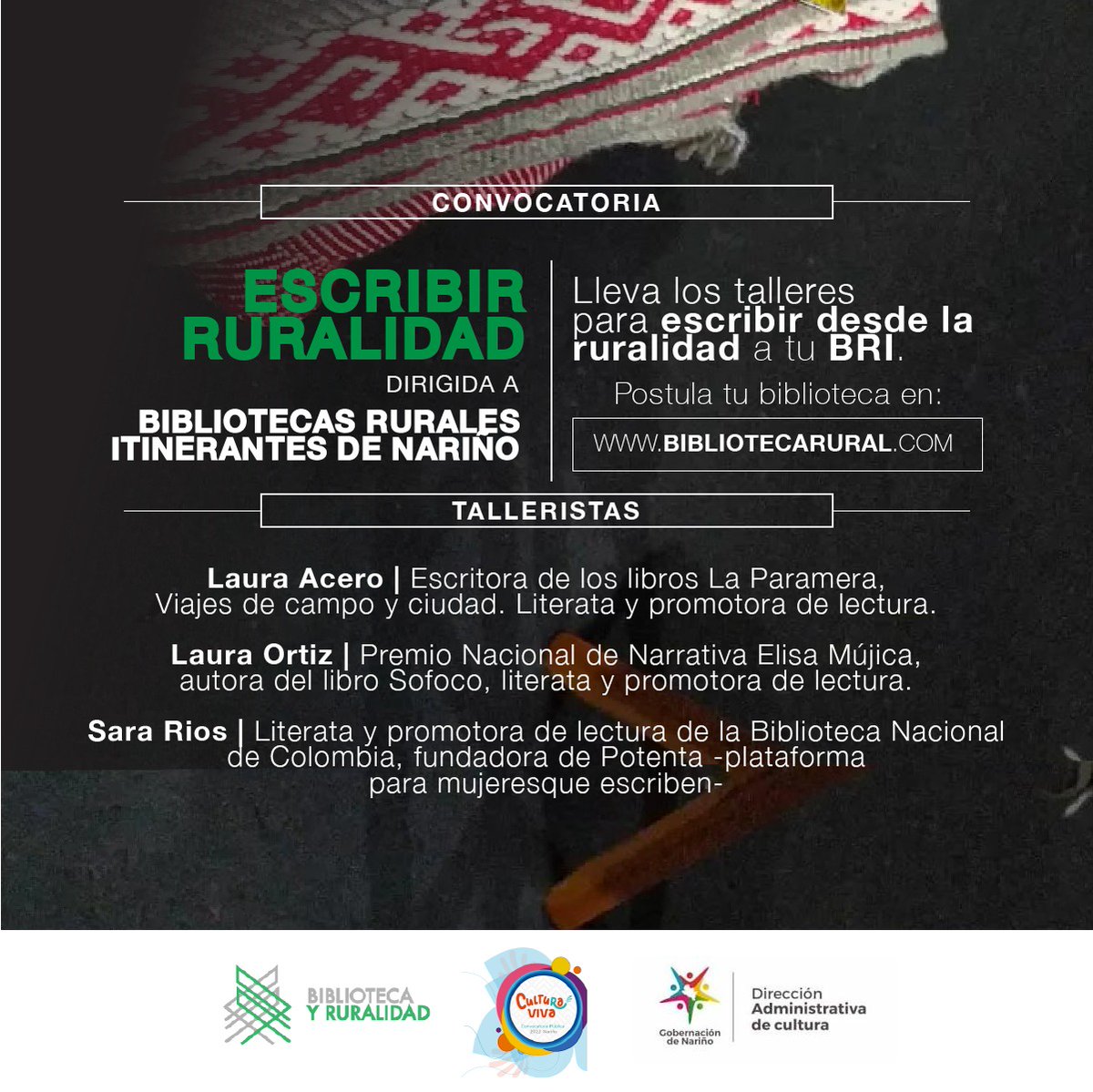 vlahebo's tweet photo. Abrimos #convocatoria a las #Bibliotecas Rurales Itinerantes (#BRI) de #Nariño.

Info https://t.co/zM7nqFP383

@BibliotecaNalCo @BRuralidad @CasaculturalNar @gobnarino @RadNalNarino @RNBPColombia @ParqueSoftNar @CaracolPasto @radioipiales @gusmontenegro @RadioUdenar @narinotic https://t.co/tZBldBwJgI