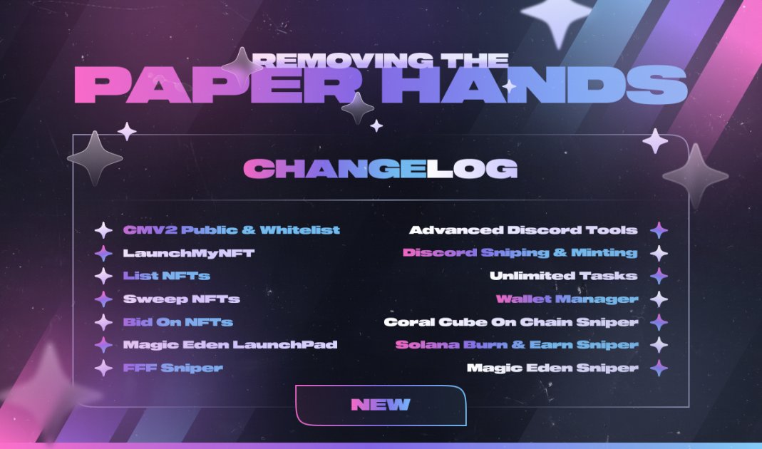 👋 Version 0.2.2 Removing All Paperhands 

◾ Wallet Manager
   🔸Bulk List at Fixed Prices, Collection Floor Price
   🔸Bulk Delist NFTs
   🔸Bulk Burn &amp; Transfer NFT
◾ Mint CMV2, LMNFT, MagicEden Launchpad
◾ Snipe FFF, MagicEden, CoralCube &amp; Bid NFTs

 magiceden.io/marketplace/so…