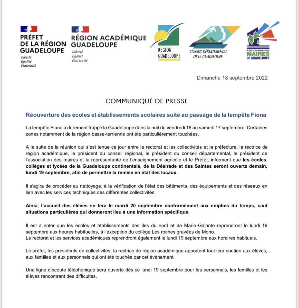 🟢 Réouverture :
👉 Les établissements de M-Galante et des îles du nord (sauf clg Roches gravées de Moho) reprendront le 19 sept
👉 L’accueil des élèves des établissements de la Gpe continentale, de la Désirade et des Saintes se fera le 20 sept
👉 Le rectorat rouvrira le 19 sept
