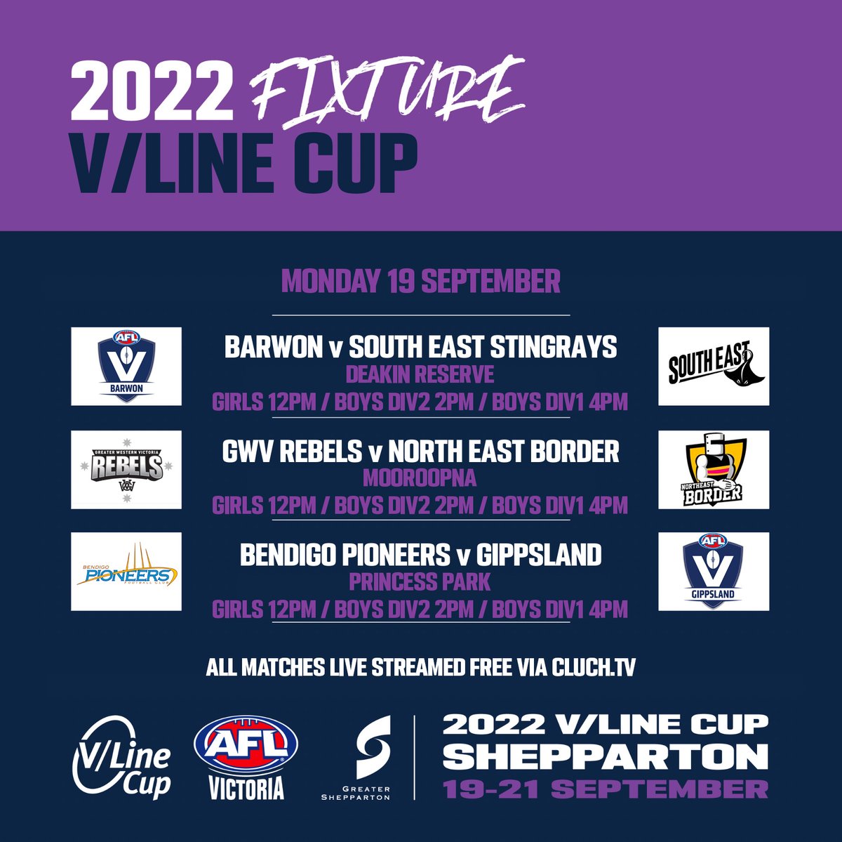 The <a href="/VLine/">V/Line</a> Cup starts today with nine matches at three venues across <a href="/GreaterShepp/">Greater Shepparton</a>

Watch all matches across the three-day carnival on any device via free live streaming ➡️ cluch.tv/afl-sports/afl…

#vlinecup
