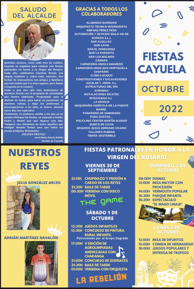 CayuelaBur's tweet photo. Ya tenemos programa de #Fiestas . Llega la tan ansiada normalidad y nuestros jóvenes nos han preparado nuevas fiestas con la ilusión renovada. Quedáis todos invitados. Os esperamos! https://t.co/swa9pHLUVp