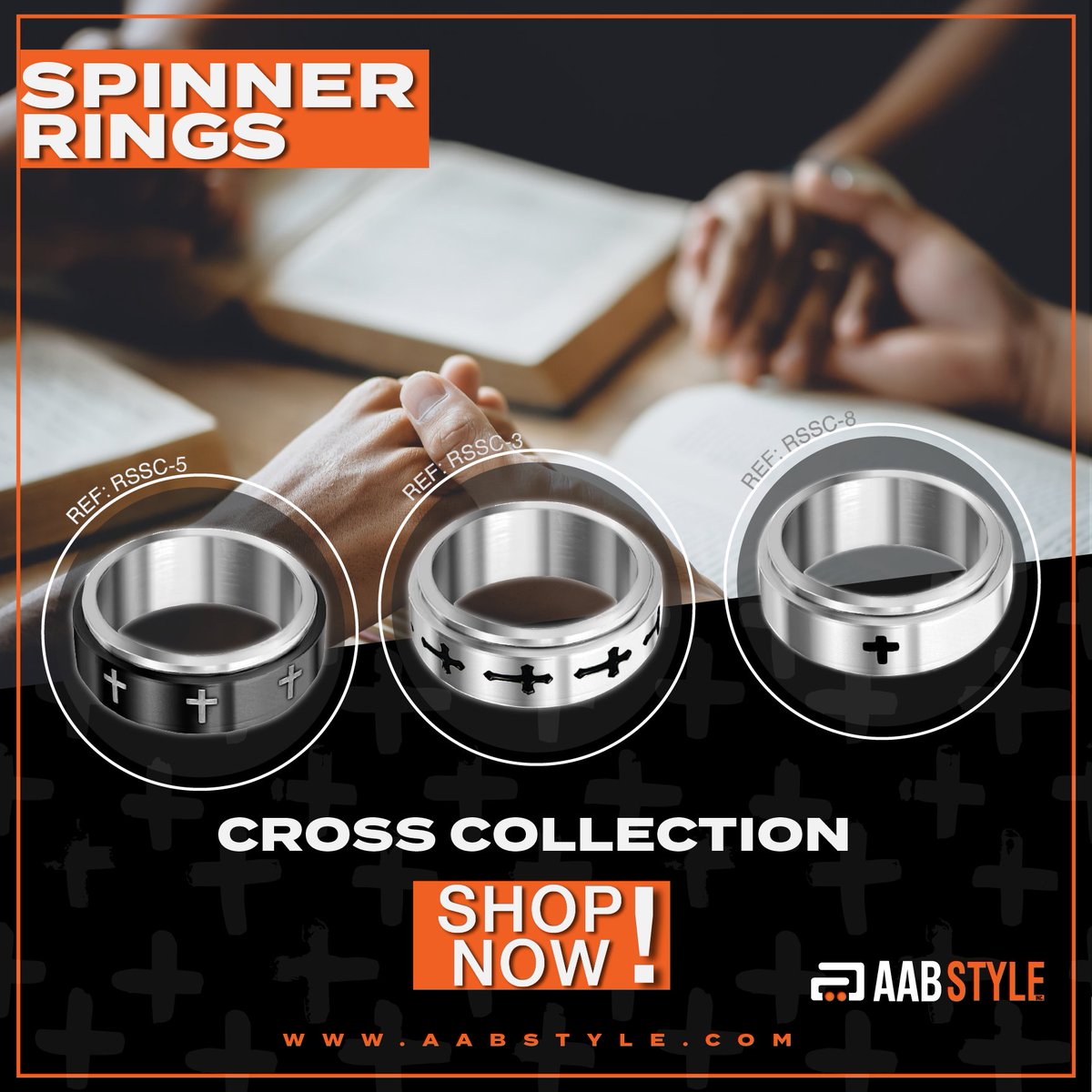 AabStyleInc's tweet photo. Our Cross Collection of Stainless Steel Spinner Rings is now available on our website! Find them on sizes from 8 to 13, with crosses in different shapes and colors. https://t.co/nYB66YfCHu