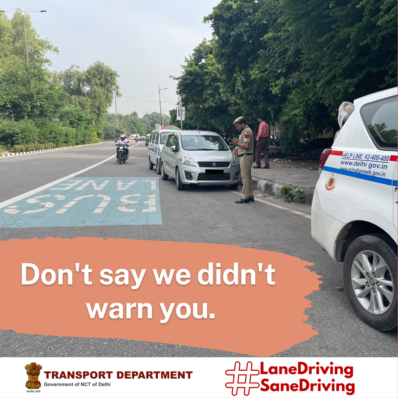 delhiroadsafety's tweet photo. If you think parking in the bus lane is fine, you will definitely get one.

Respect bus lanes. Help us keep Delhi streets safe.
#LaneDrivingSaneDriving #SadakSurakshitDilliSurakshit

@TransportDelhi @kgahlot @ashishkundra @DelhiGovDigital