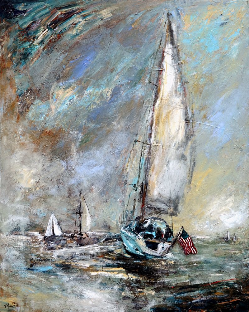 CLMathie's tweet photo. I was thinking how fun it is to see flags on #boats especially when #sailing in other countries. We've sailed in Canada, Mexico &amp; Croatia. I was always looking at #flags and appreciating identity. "American Sailing" 50x40" by #Mathie Current show: https://t.co/KRDIVz0HNl

#art https://t.co/FSVXSWFK5P