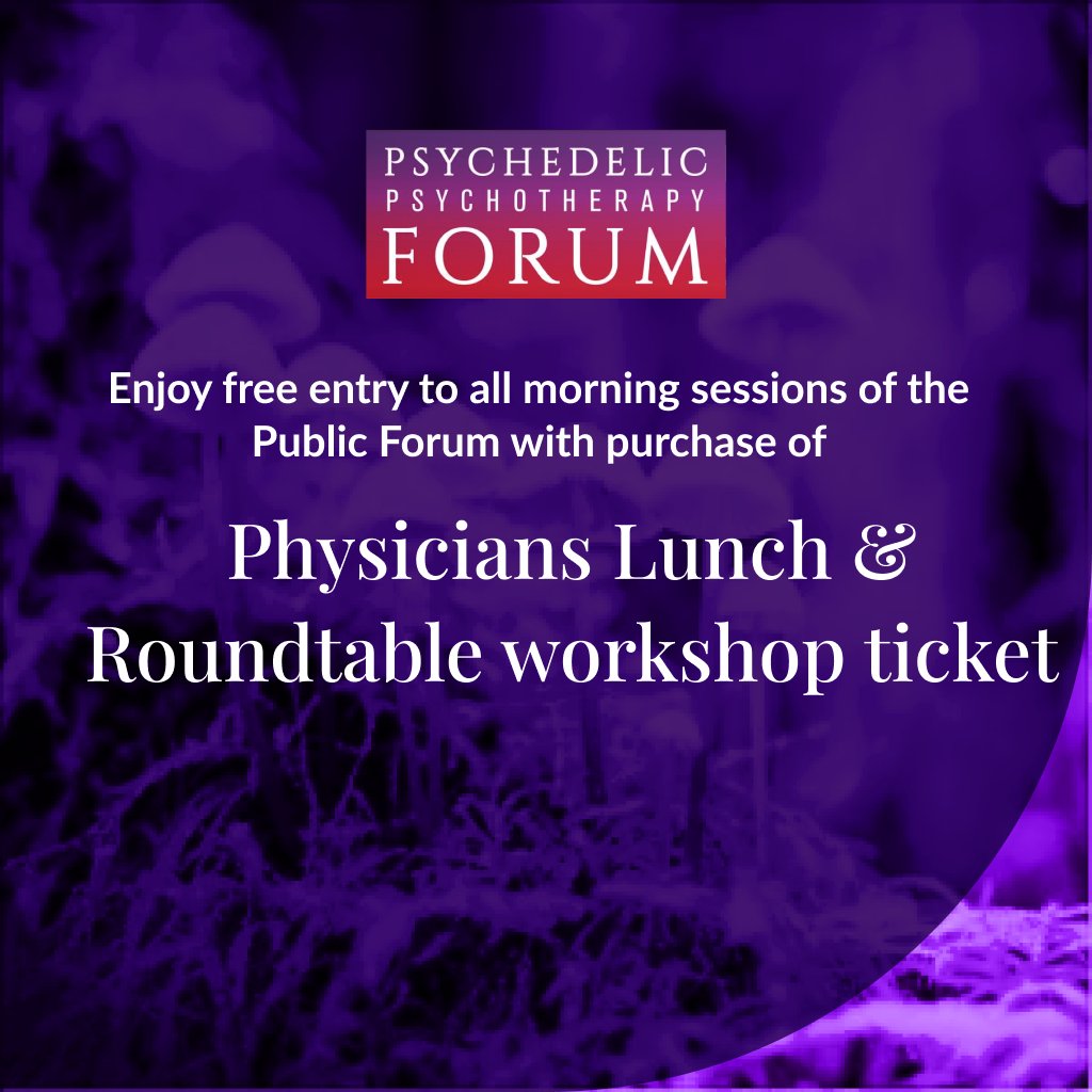 InfoPsychedelic's tweet photo. Bonus! Enjoy a free entry to all morning sessions of the 2022 #Psychedelic #Psychotherapy in-person Public Forum (Oct 1, 9am - 12:30pm), with your purchase of a Physicians Lunch &amp; Roundtable workshop ticket (Oct 1, 12:30 - 5:30pm)! https://t.co/AMKUZVjoid