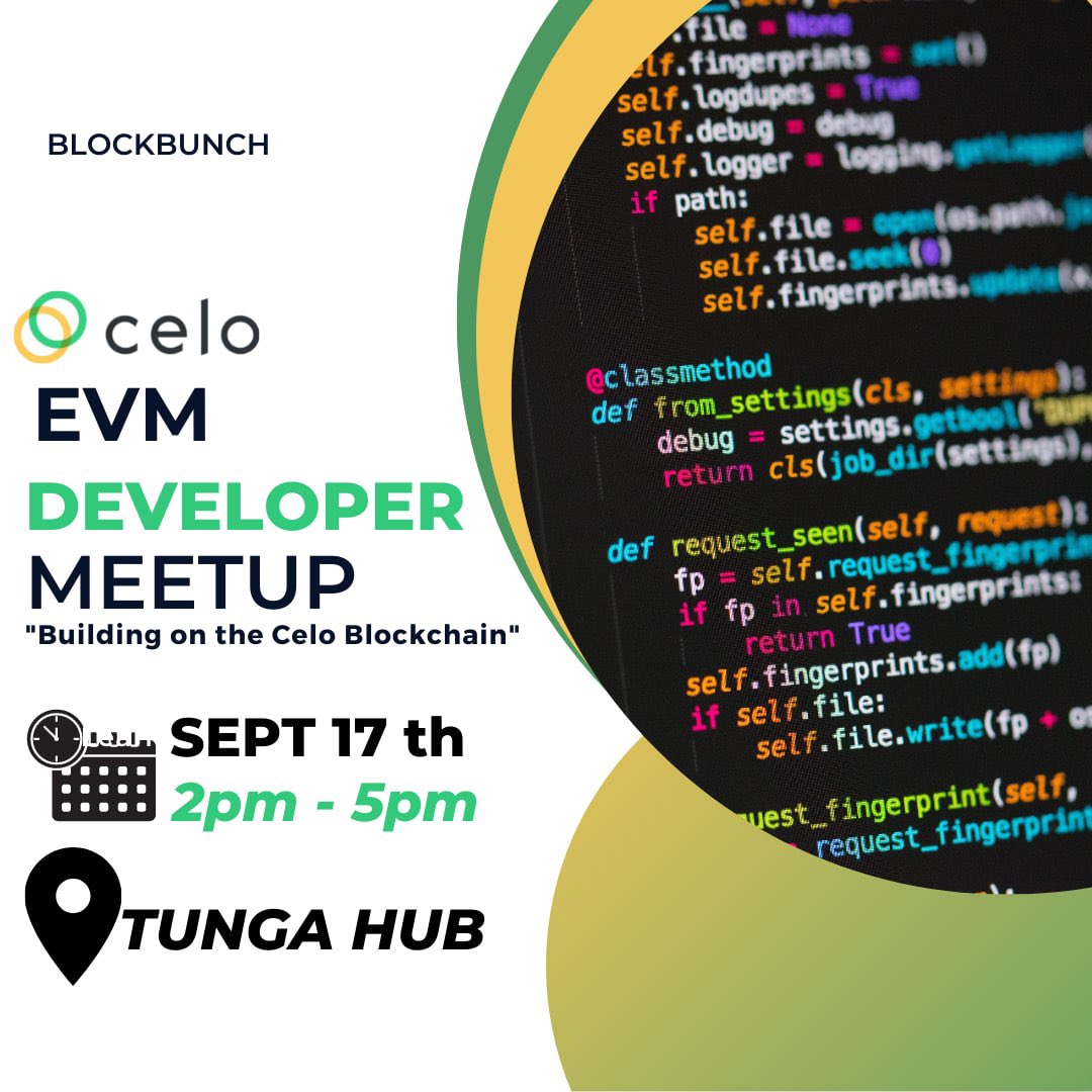 0xblockbunch's tweet photo. The turnout at the @CeloOrg EVM developer meeting was amazing.
Thanks to @CeloUganda and @tunga_io for making this a success. https://t.co/IQb38CiKHz