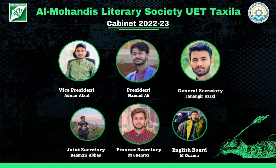 UET_Literary's tweet photo. We're pleased to announce the hierarchy for the 𝐂𝐚𝐛𝐢𝐧𝐞𝐭 𝟐𝟎𝟐𝟐-𝟐𝟑. Best of Luck and setting the new trends.
#Al_Mohandis_Literary_Society.
#UETTaxila
#_Literary https://t.co/H5onxqjkZW