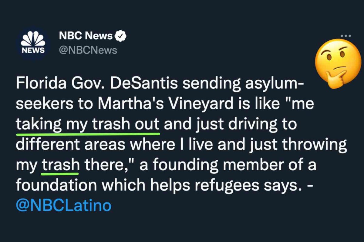 CPCwpg_south's tweet photo. #NBC calls them trash! #NBCisTrash 
The democrats want them to come in....
So sending them to democrat areas is kind &amp; helpful.
Thank you #Florida &amp; #Texas for doing the right thing. https://t.co/MlRkzi8mQm