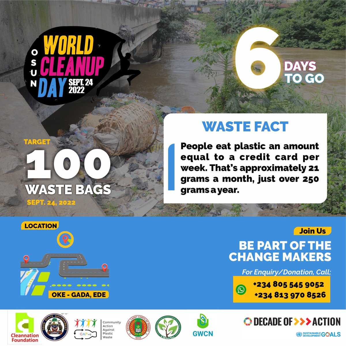 emmanuelayo72's tweet photo. 6 more days!!!
#Worldcleanupday
#letsdoitworld
#clean
#osuncleanup
#cleannationfoundation
#capws
#changemaker
#NationalCadetCorpsNigeria
#NATIONALCADETCORPSNIGERIA
#SDG_Ede_South
#Clean2Green https://t.co/cwmgLJ12Dk