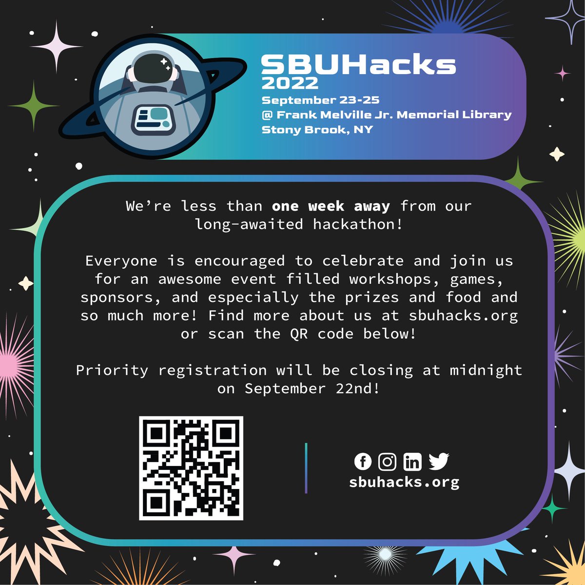 We know you guys love Hacks so we are promoting another one! 

Come to SBUHacks 2022!

SBUHacks is an event where curious minds from all types of backgrounds come together to explore their creativity and create something new. 

 sbuhacks.org