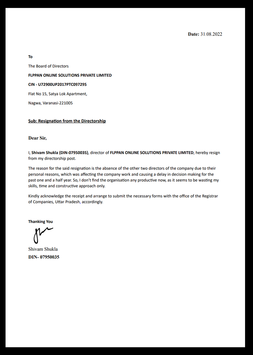 ShivamUotbox's tweet photo. Resigned from the Directorship post of Flppan. Best wishes to company. @FlppanOfficial https://t.co/AFcFGylMtH