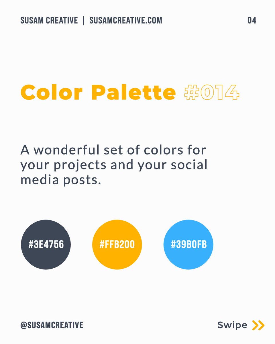 susamcreative's tweet photo. If you're in search of a harmonious #colorpalette for your business, here's a little #inspiration.
🟨 Primary: FFB200
⬛ Secondary: 3E4756
🟦 Highlight: 39B0FB
#personalbrandingtips #brandingstrategy #rebranding #socialmediabranding #visualidentity #personalbrand #brandstrategy https://t.co/bWSW5rqj0B