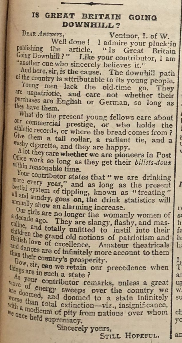 Next time somebody complains that Britain is going downhill and nostalgically pines for the Victorian era, show them this letter sent to Answers magazine in 1892.