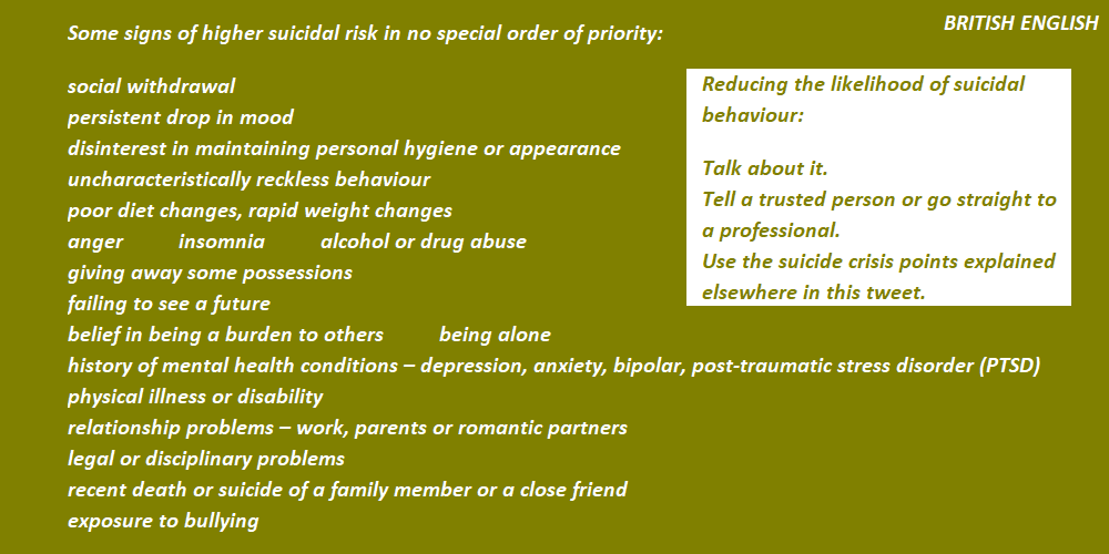 #Suicide crisis points for many countries:
en.wikipedia.org/wiki/List_of_s…

The Internet can find a country's latest
"suicidal contact point"
as services or contact details may change.

This tweet uses British English. Our many other accounts will use the six languages in which we tweet.