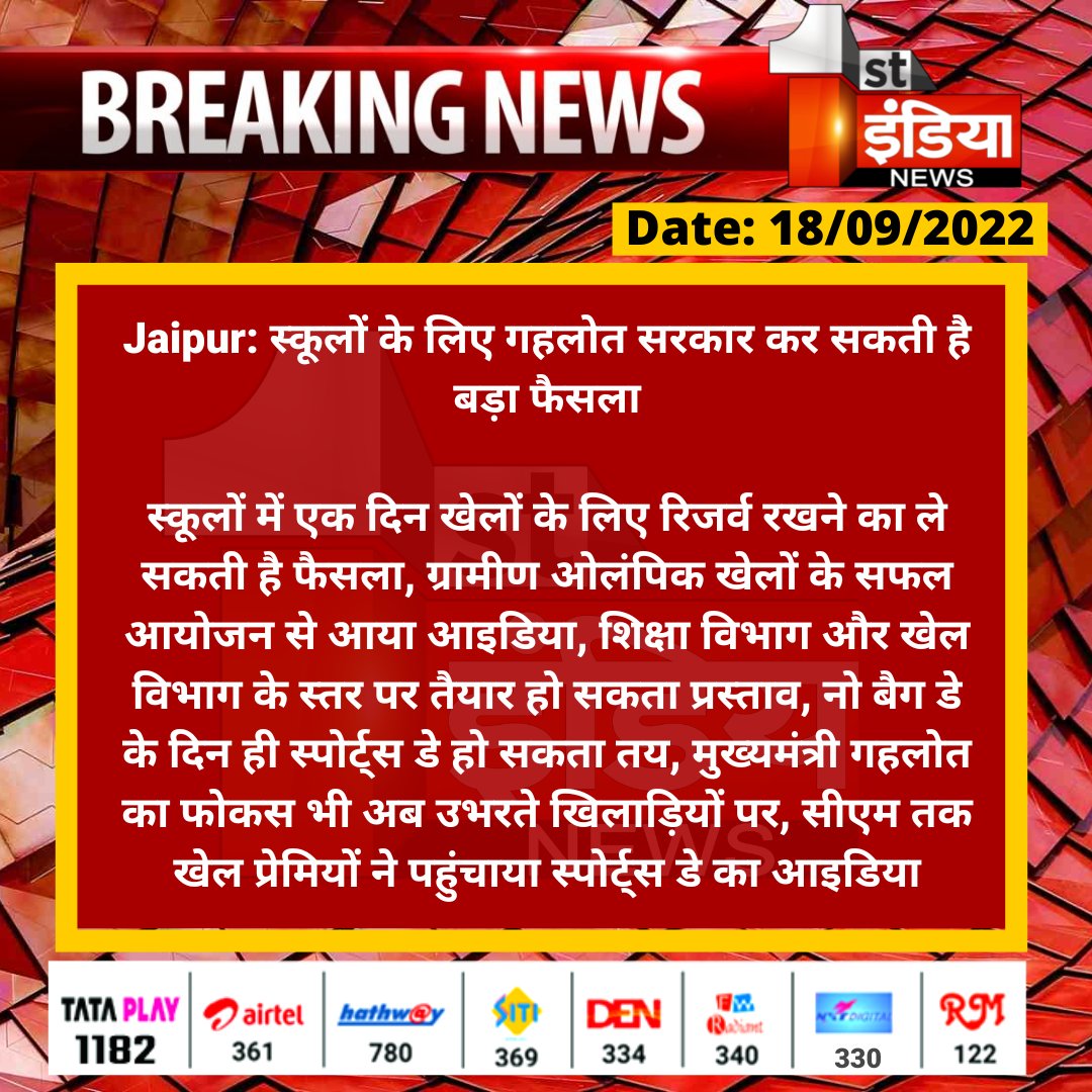 1stIndiaNews's tweet photo. #Jaipur: स्कूलों के लिए गहलोत सरकार कर सकती है बड़ा फैसला

स्कूलों में एक दिन खेलों के लिए रिजर्व रखने का ले सकती है फैसला, ग्रामीण ओलंपिक खेलों के सफल आयोजन से आया आइडिया...

@ashokgehlot51 @RajGovOfficial @naresh_jsharma https://t.co/UVel8kXYkh