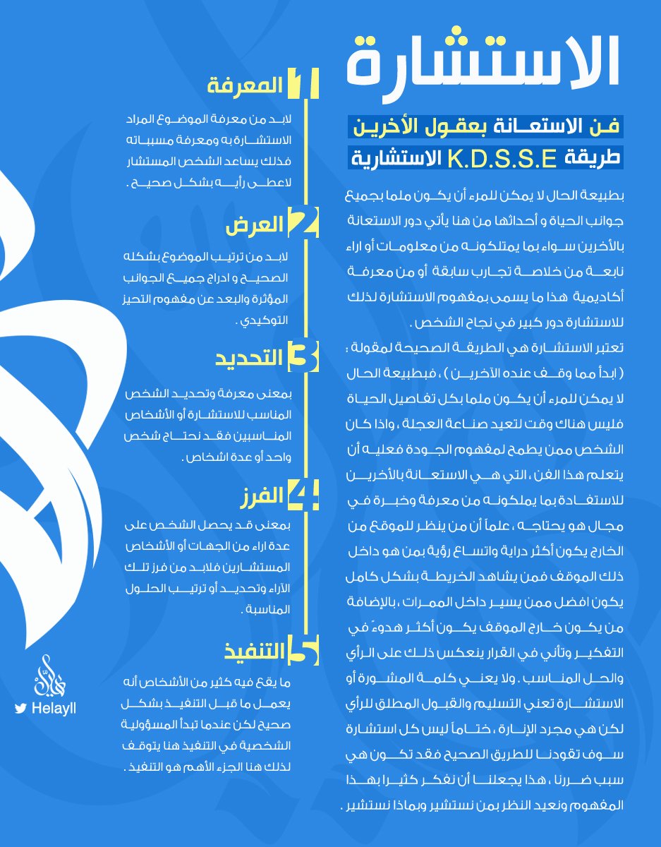 helayll's tweet photo. الاستشارة 
فن الاستعانة بعقول الأخرين 
✅ طريقة K.D.S.S.E الاستشارية https://t.co/MsG3CsLmlF