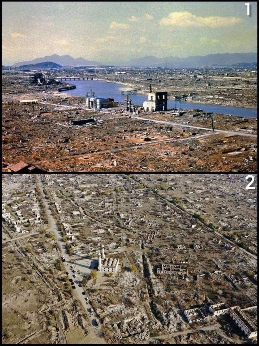 The first photo is Hiroshima after the atomic bomb’s explosion. The second photo is Agdam after the 27 year Armenian occupation.
#NoPelosi 
#ArmenianTerror