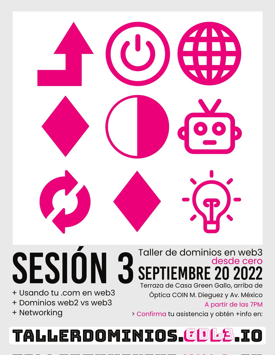 gdl3io's tweet photo. gm! tercera sesión este martes 20! 📝 
vamos a compartir tips para traer tu dominio .com .mx .io .org... a web3 y el método paso a paso, no necesitas ETH ya que usaremos la red de prueba de #goerli, sólo un smartphone que no sea de más de 4 años y ganas de aprender https://t.co/Fs904HlKV9
