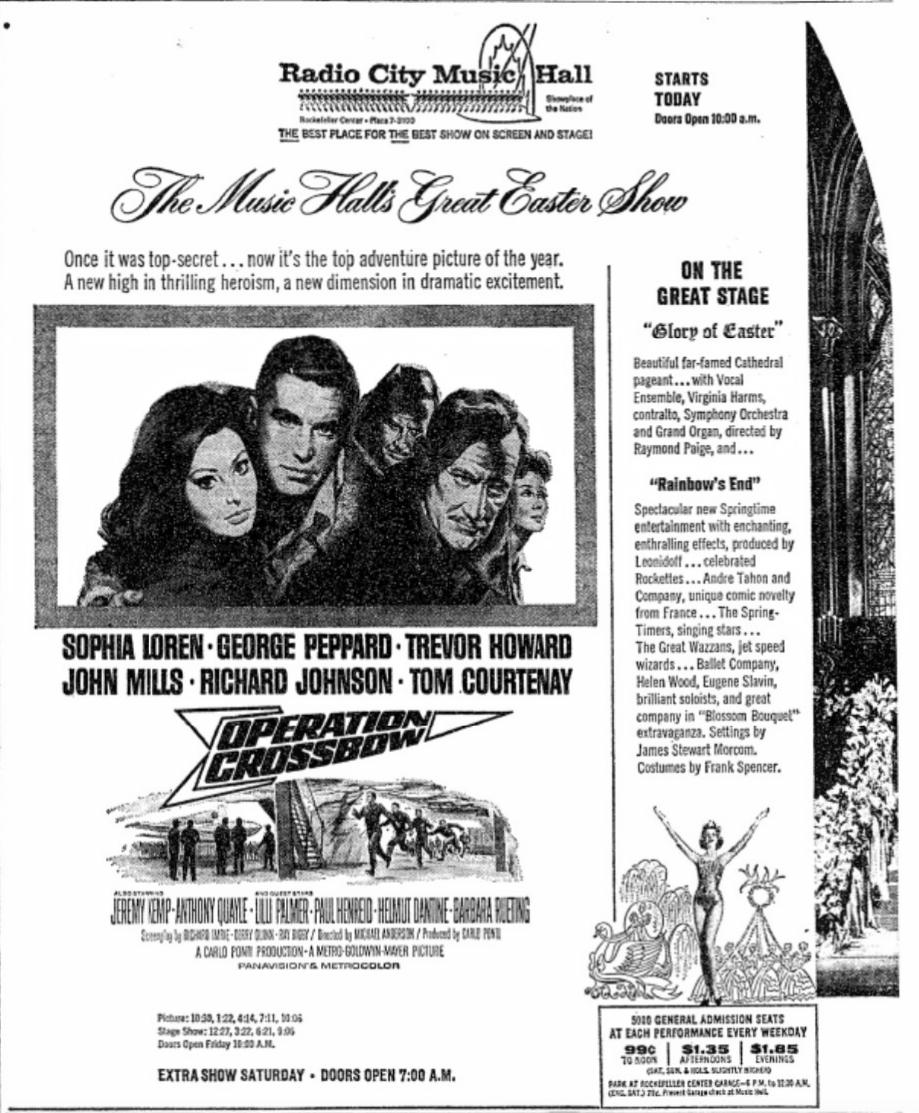 RosieBillTeam's tweet photo. #OperationCrossbow at Radio City Music Hall on 4/1/1965 #SophiaLoren #GeorgePeppard
NYTimes: "Outside of the fact that it is an odd one to turn up as the "Easter film" at the Music Hall, "Operation Crossbow" is a beauty that no action-mystery-spy movie fan should miss."
#TCM https://t.co/LoFoK2ju1v