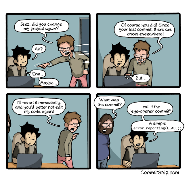 nixcraft's tweet image. The eye-opener commit :) lol commitstrip.com/en/2015/04/27/… #PHP #DevLife