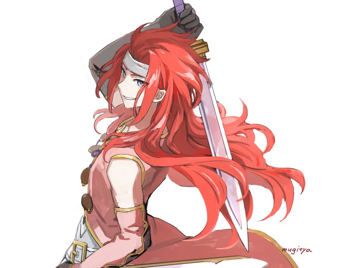 weapon sword red hair 1boy long hair male focus solo  illustration images