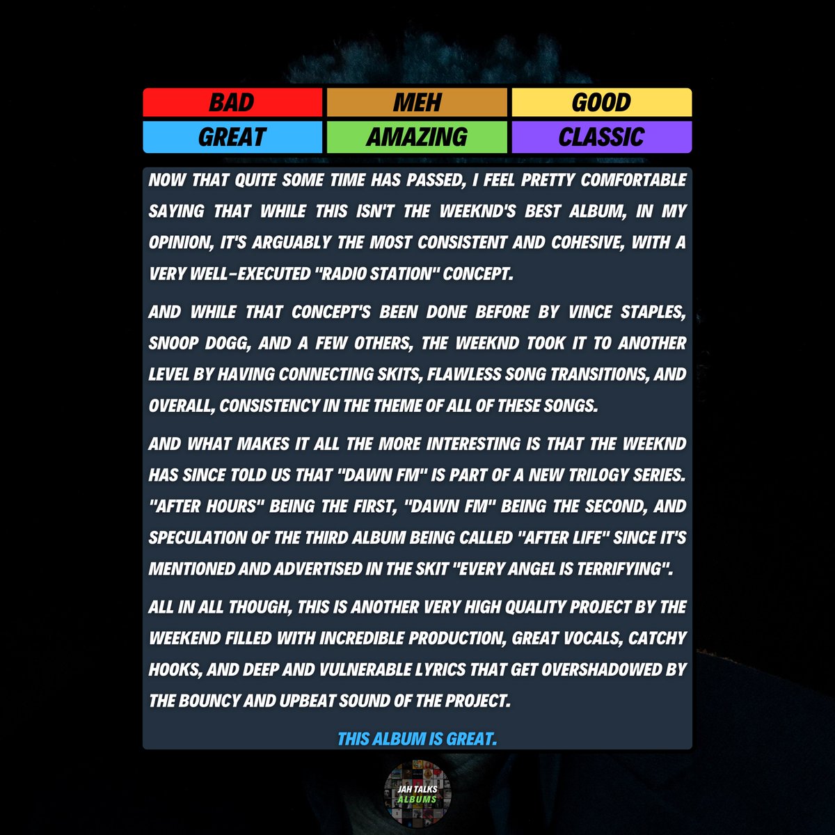 JahTalksAlbums's tweet photo. The Weeknd - "Dawn FM" https://t.co/5QzVQSUO2z