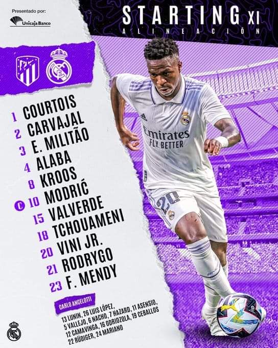 Alineación del Real Madrid para el derbi madrileño
#AtletiRealMadrid
#DerbyMadrid