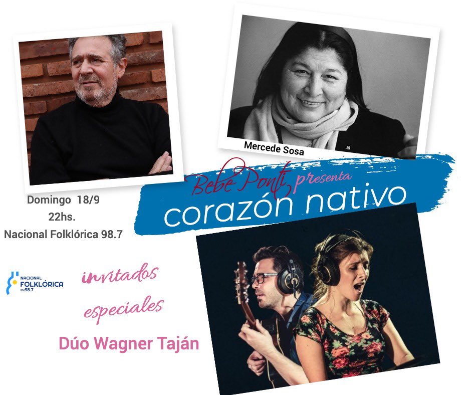 Corazón Nativo
Hoy a las 22 hs por Nacional Folklórica 98.7
Apertura Mercedes Sosa
recibiremos la visita del Dúo Wagner Taján  presentando "DOS", creado y concebido como una obra/síntesis de los más de 15 años de trayectoria. radioarg.com/nacional-folkl…