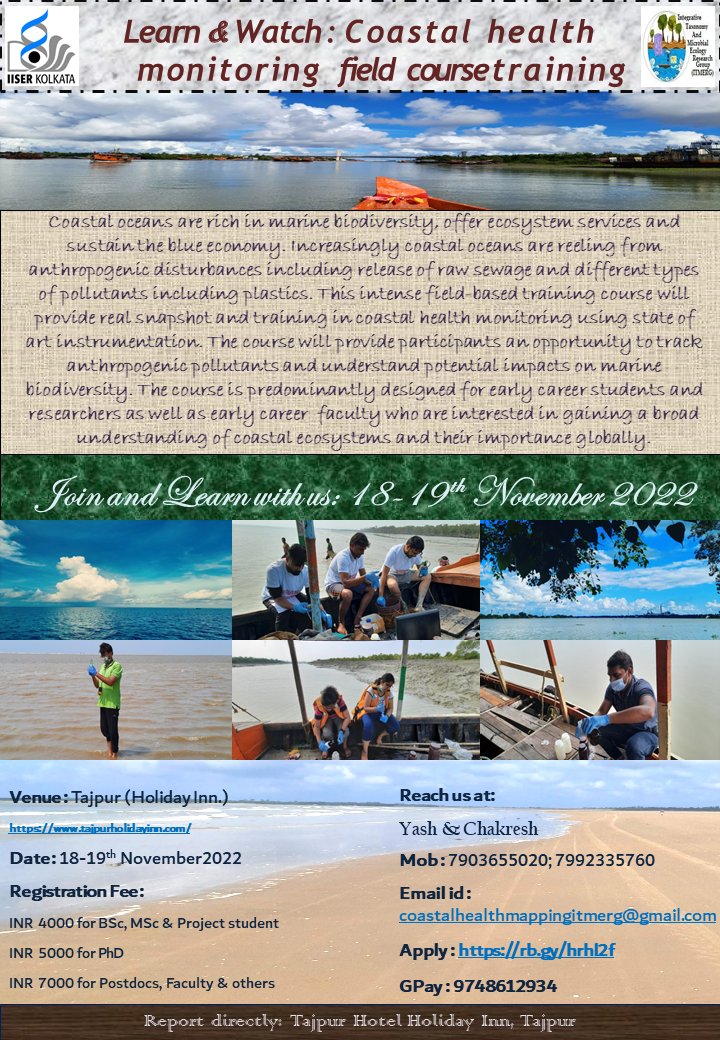 🚨🚨 Coastal Ecosystem Monitoring Alert..... 
Grab the chance to know coastal health......
#Bluecarbon #Blueeconomy #Carbonfootprint #Coastaldiversity 

Join the field course training
 #Coastalhealthmonitoringfieldcoursetraining

Apply:rb.gy/hrhl2f