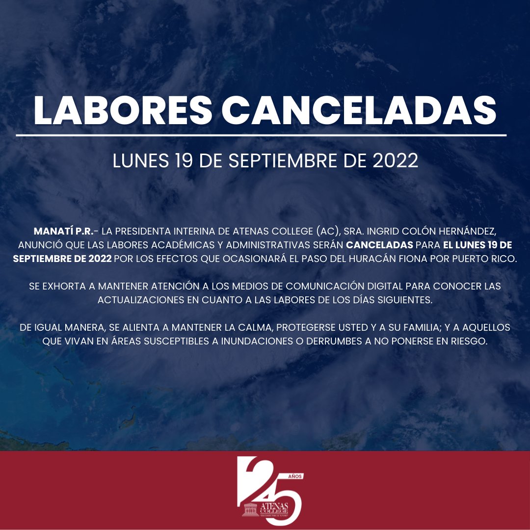 AtenasUni's tweet photo. Aviso
Deseamos notificarles información actualizada sobre nuestros servicios para mañana lunes, 19 de septiembre:
-Labores académicas y administrativas estarán en receso.

@wkaq580 @TelenoticiasPR @noticel @elnuevodia @voceropr @metro_pr @PuertoRicoPosts @Foro_Noticioso https://t.co/zpvKYqlKME