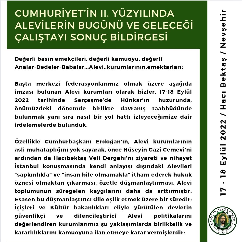 Aleviyol_'s tweet photo. 17-18 EYLÜL 2022

CUMHURİYET’İN II. YÜZYILINDA ALEVİLERİN BUGÜNÜ VE GELECEĞİ ÇALIŞTAYI SONUÇ BİLDİRGESİ

@mustafaslan73 @17AleviKadinlar @AgiAlevi @dhainternet @MAturkce @ankahabera @alevinet 
#AleviKöyü #Alevi #AleviKurumları #AleviCandır #HacıBektaşVeli #Nevşehir https://t.co/ho4a3dMjwK