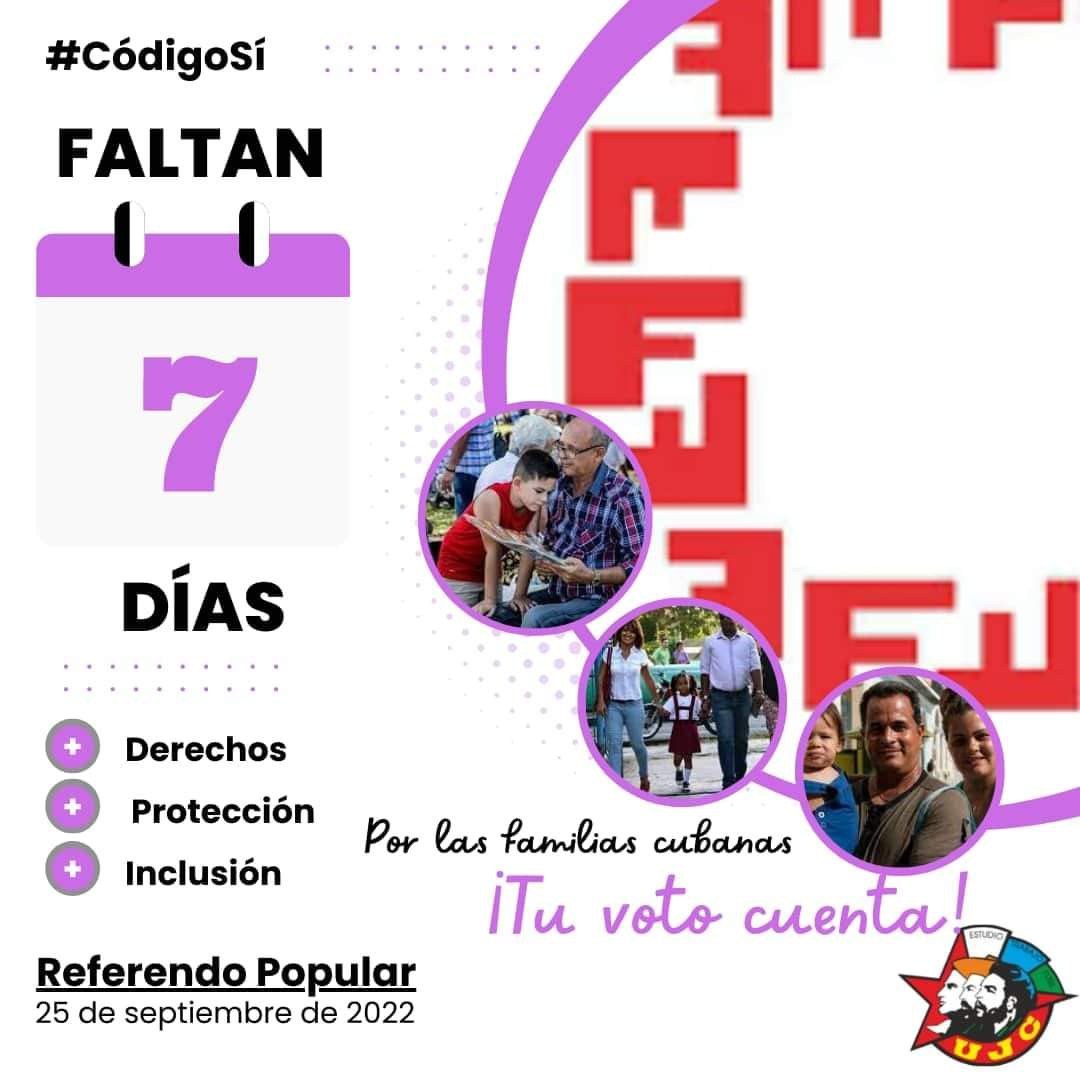 @FranciscoCubano @ErnestoCaleb1 @FrankDCub @GHNordelo5 @DiazCanelB @MMarreroCruz @ComarkP @Samane300 🇨🇺💪♥️
 ¡¡¡Familia tu voto cuenta!!! 
✍️  Faltan 7 días para hacer uso de nuestro derecho constitucional.
✍️ Dar un Sí ❎ por el Código de Los Afectos es enaltecer el respeto y la dignidad de los cubanos.
#codigosi
#PorMiBarrio
#PorMiRevolución
#ComarkPrincipeña
#DefendiendoCuba