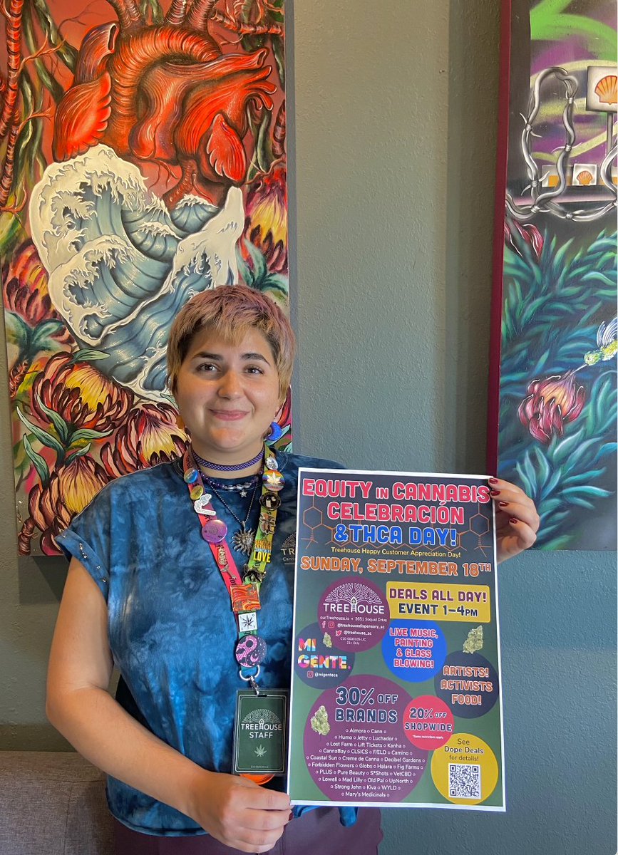 Treehouse_SC's tweet image. ¡EL DÍA HA LLEGADO! 😁🎉⭐️ Este es muy especial 👀
¡HOY 9/18 de 1 a 4 p. m. es nuestra "Celebración de la equidad en el cannabis" en colaboración con Mi Gente!

¡Ayúdanos a celebrar el Mes de la Herencia Hispana, y todas las culturas, hoy 9/18 con comida y arte! 💚🌲