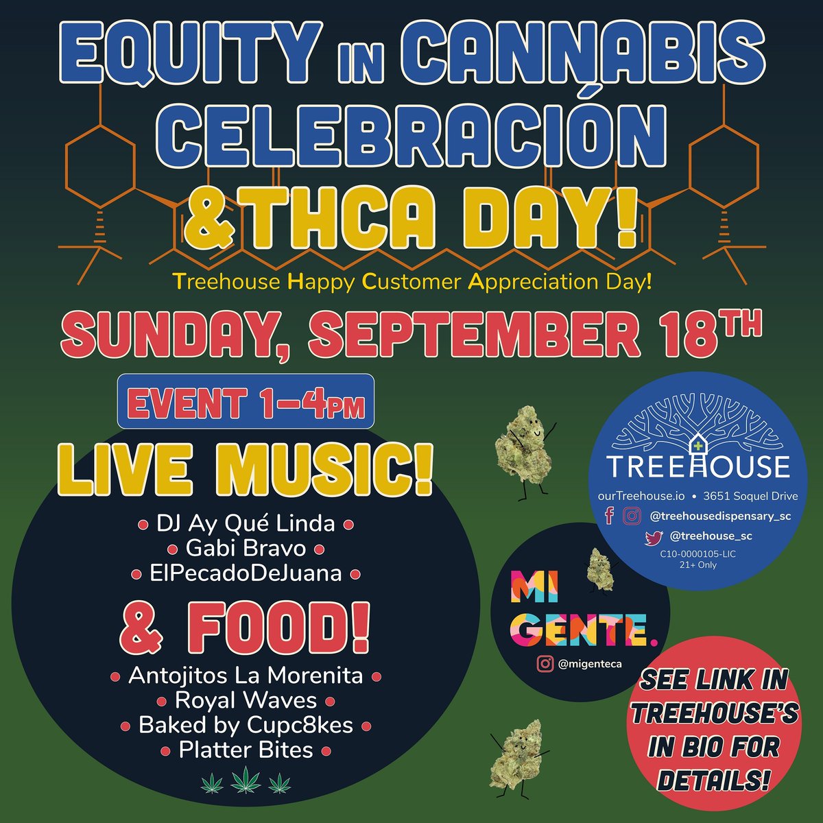 Treehouse_SC's tweet image. ¡EL DÍA HA LLEGADO! 😁🎉⭐️ Este es muy especial 👀
¡HOY 9/18 de 1 a 4 p. m. es nuestra "Celebración de la equidad en el cannabis" en colaboración con Mi Gente!

¡Ayúdanos a celebrar el Mes de la Herencia Hispana, y todas las culturas, hoy 9/18 con comida y arte! 💚🌲