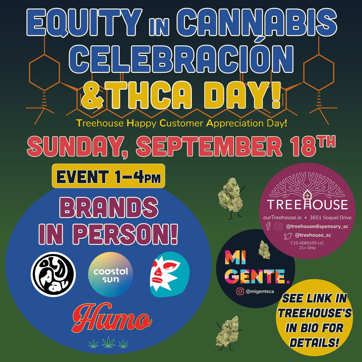 Treehouse_SC's tweet image. ¡EL DÍA HA LLEGADO! 😁🎉⭐️ Este es muy especial 👀
¡HOY 9/18 de 1 a 4 p. m. es nuestra "Celebración de la equidad en el cannabis" en colaboración con Mi Gente!

¡Ayúdanos a celebrar el Mes de la Herencia Hispana, y todas las culturas, hoy 9/18 con comida y arte! 💚🌲