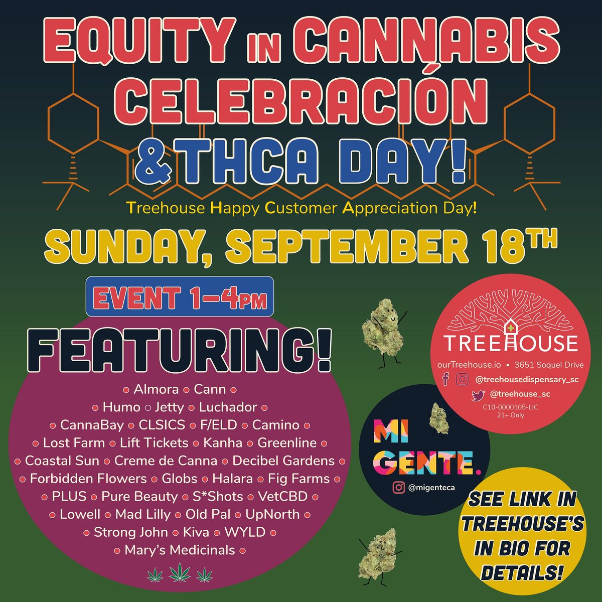 Treehouse_SC's tweet image. ¡EL DÍA HA LLEGADO! 😁🎉⭐️ Este es muy especial 👀
¡HOY 9/18 de 1 a 4 p. m. es nuestra "Celebración de la equidad en el cannabis" en colaboración con Mi Gente!

¡Ayúdanos a celebrar el Mes de la Herencia Hispana, y todas las culturas, hoy 9/18 con comida y arte! 💚🌲
