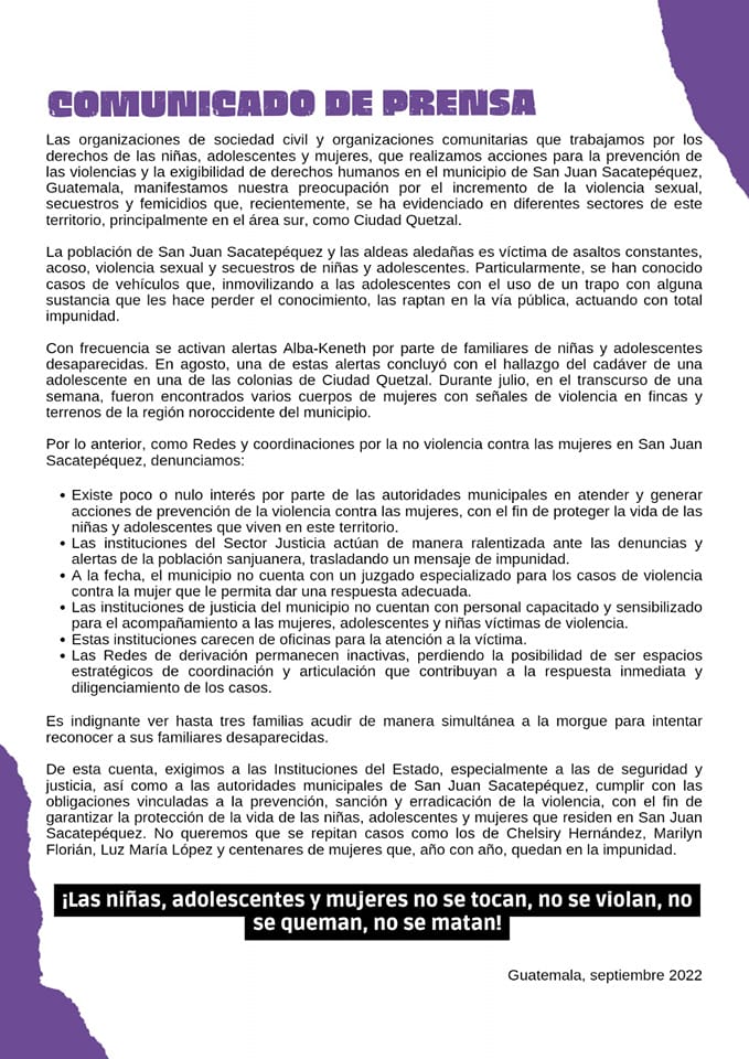 gmunoz_elP's tweet photo. Organizaciones que trabajan por los derechos de niñas, adolescentes y mujeres manifiestan su preocupación por el incremento de la violencia sexual,
secuestros y femicidios que se ha evidenciado en diferentes sectores de San Juan Sacatepéquez, principalmente en Ciudad Quetzal. https://t.co/jQF93KGH7i