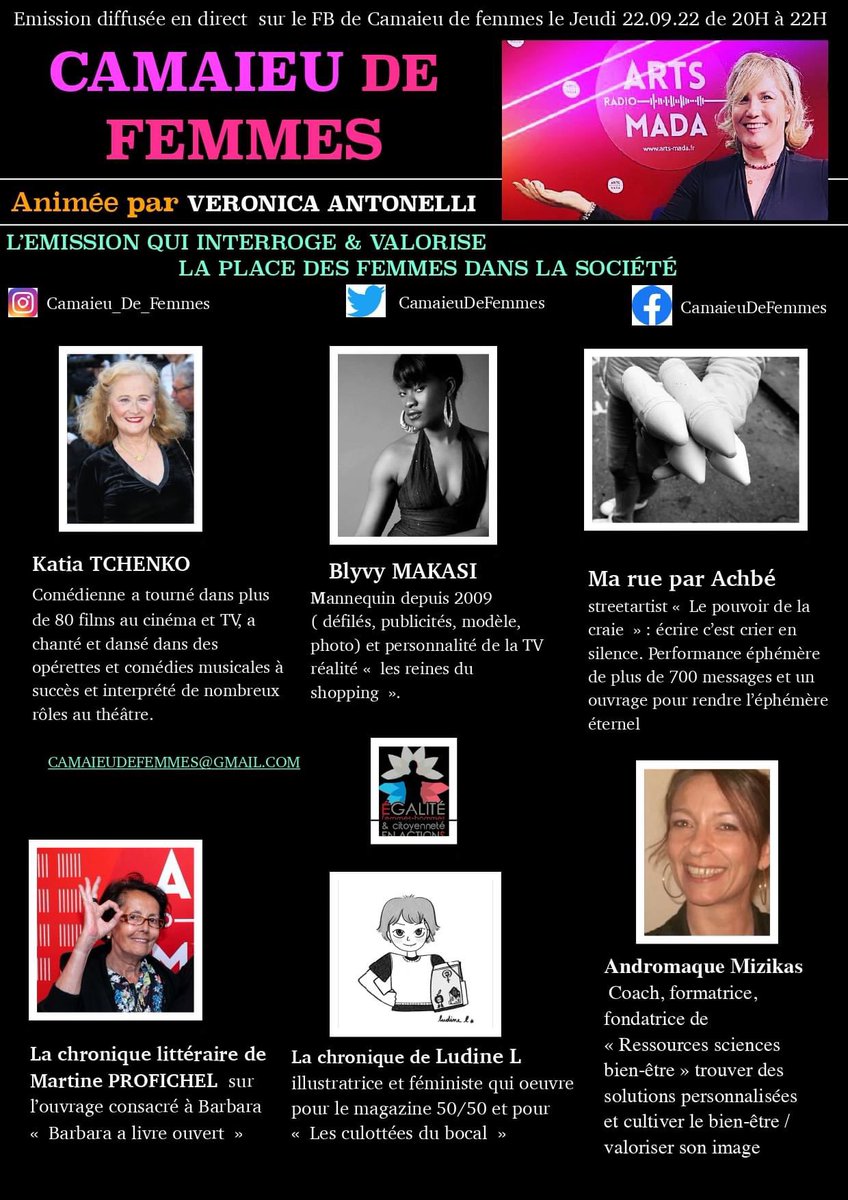 camaieudefemmes's tweet photo. L’émission de jeudi 22.09.22 de 20h a 22h #katiatchenko #ludinel #marueparachbe #andromaquemizikas #martineprofichel #chroniqueuse #blyvymakasi #efhca #veronicantonelli https://t.co/6Ft2nUEjQv