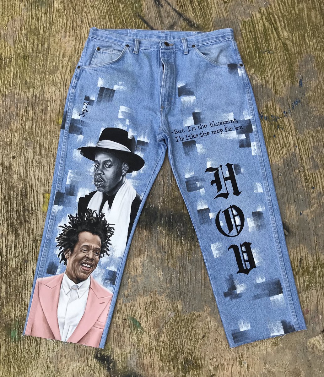 sheriffeyisitan's tweet photo. Hello Twitter, I hand painted these Hov themed pants🍀🔥, took me about 4 days…kindly RT if this pops up on your TL, it’ll go a long way🙏🏽❤️ https://t.co/KAJDzCZ7A0