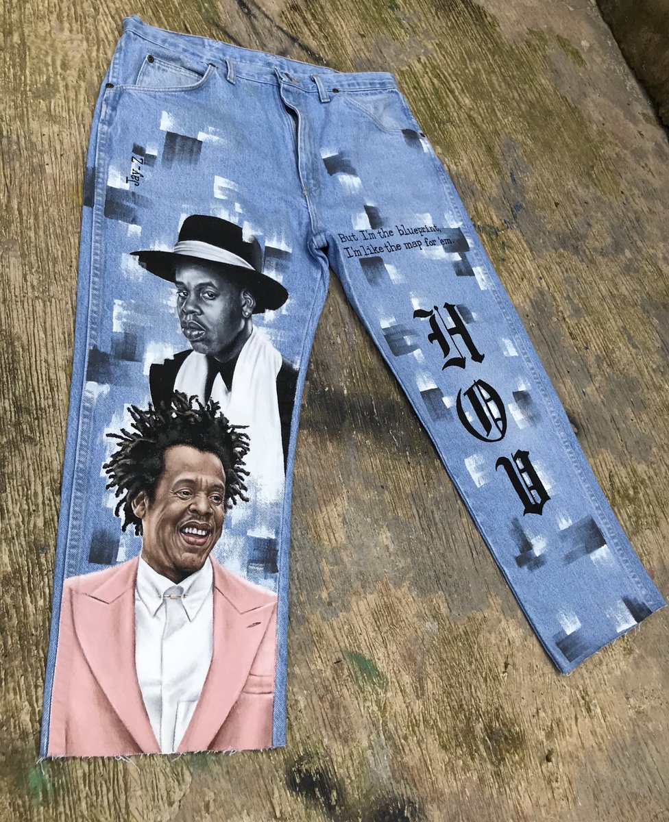 sheriffeyisitan's tweet photo. Hello Twitter, I hand painted these Hov themed pants🍀🔥, took me about 4 days…kindly RT if this pops up on your TL, it’ll go a long way🙏🏽❤️ https://t.co/KAJDzCZ7A0