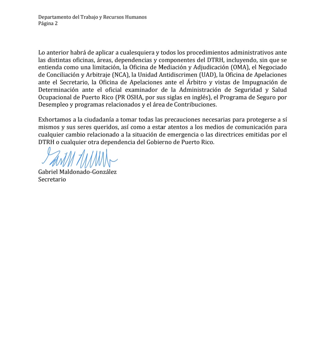 🟠[Memorando del <a href="/prsectrabajo/">Secretario del Trabajo</a> 2022-07] Suspensión de toda vista administrativa, cita o reunión y extensión de términos administrativos relacionados al Departamento del Trabajo y Recursos Humanos como consecuencia del paso del huracán #Fiona