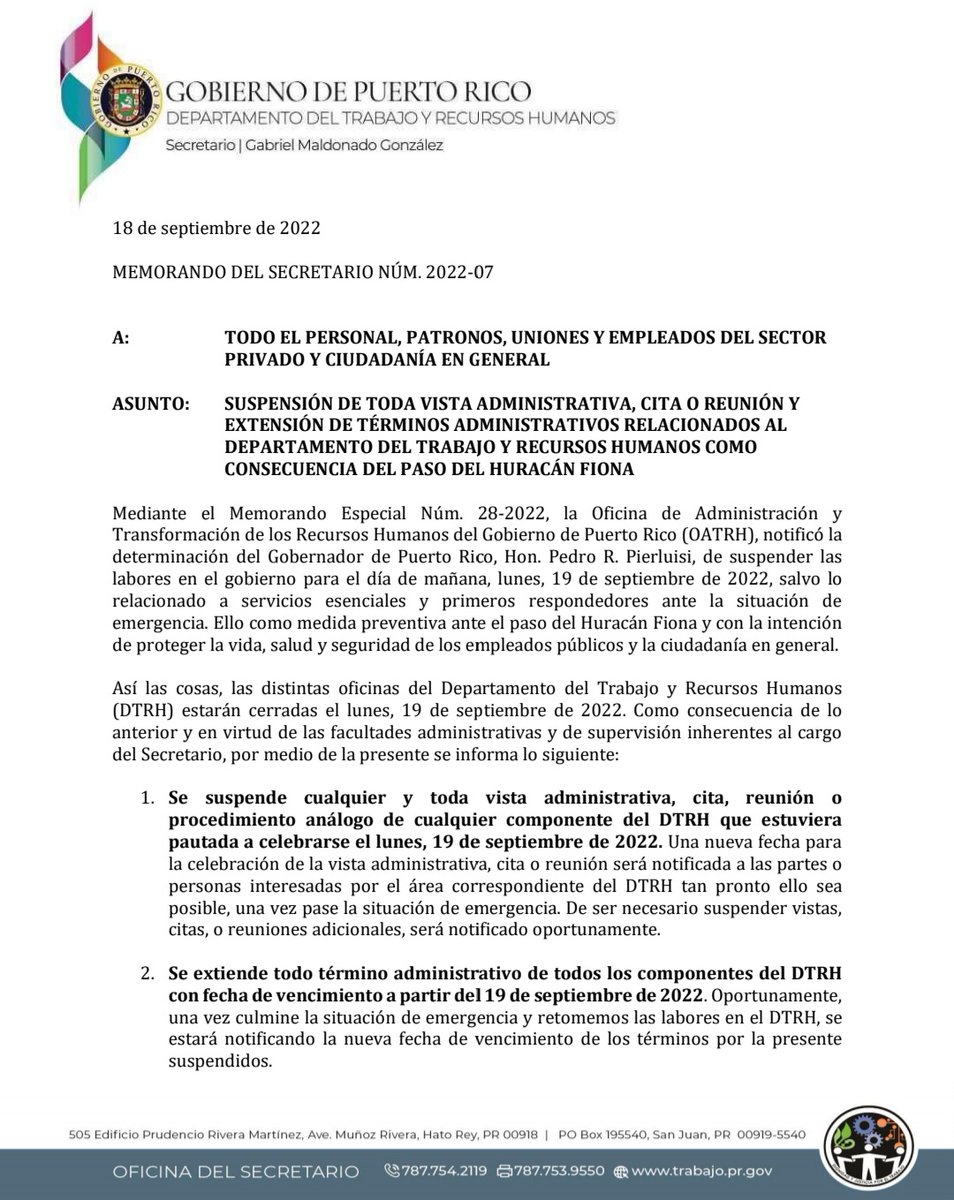 DTRHPR's tweet photo. 🟠[Memorando del @prsectrabajo 2022-07] Suspensión de toda vista administrativa, cita o reunión y extensión de términos administrativos relacionados al Departamento del Trabajo y Recursos Humanos como consecuencia del paso del huracán #Fiona https://t.co/s5LXCvIpWs