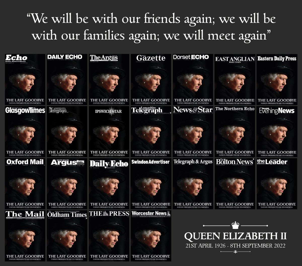 Tomorrow all daily #Newsquest titles have united with matching front and back pages to bid farewell to Queen Elizabeth II.
#TheQueen <a href="/RoyalFamily/">The Royal Family</a> #QueenElizabeth #QueenElizabethII #TomorrowsPapersToday <a href="/TmorrowsPapers/">Tomorrows Papers Today</a> <a href="/journalism_news/">HoldtheFrontPage</a> <a href="/pressgazette/">Press Gazette</a>