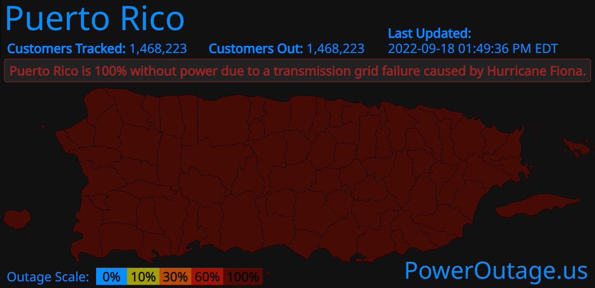 BREAKING: All of Puerto Rico — every town, neighborhood, house — is without power. 

That’s 1.4 million households. 

Winds over the southern portion of the island have gusted 80-100 mph, but elsewhere winds have been much lesser. Despite this, the grid is tenuous at best.