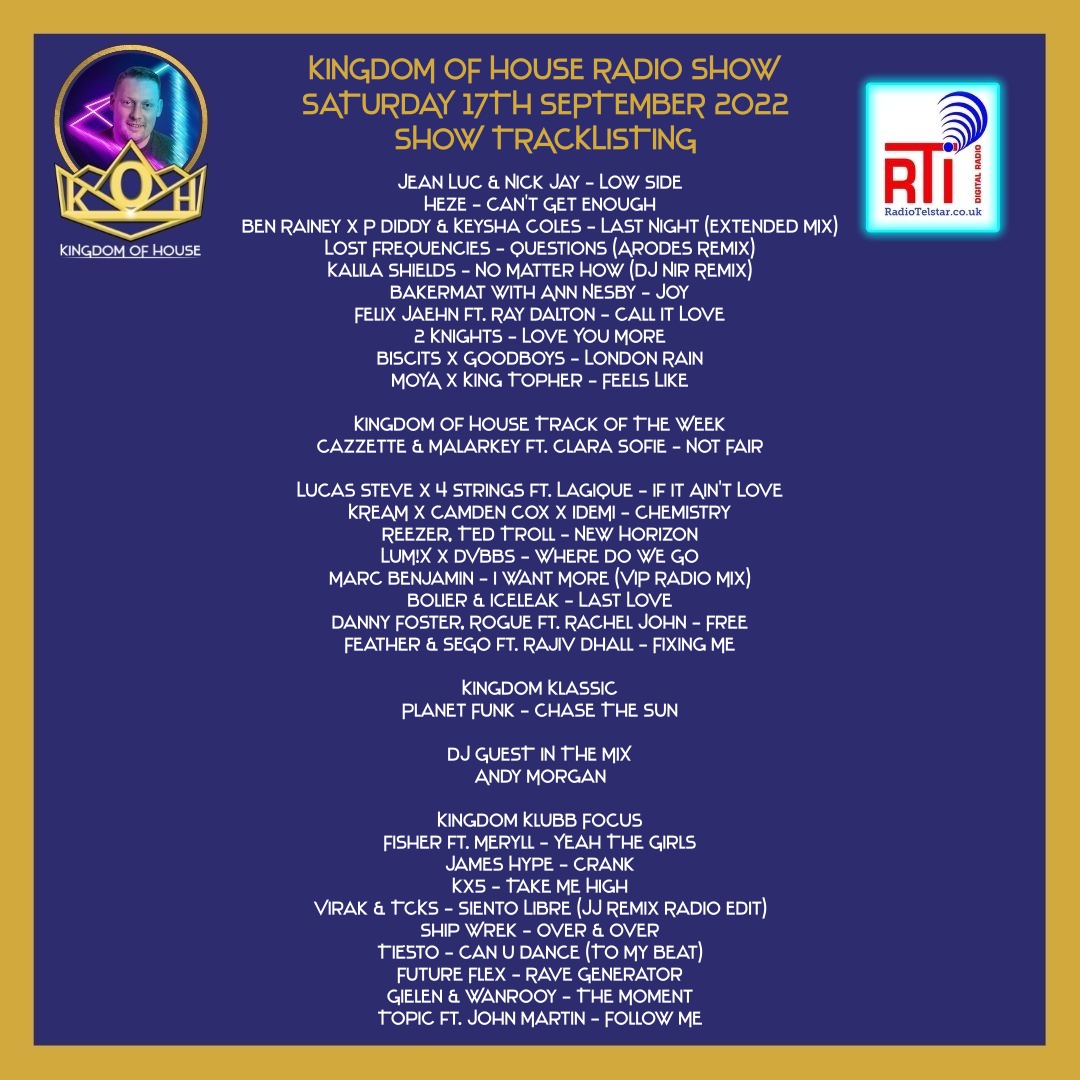 TKOHradio's tweet photo. Tracklisting for last nights show #radio #radioshow #radiopresenter #presenter #housemusicshow #DJ #housemusic #remixes #bootlegs #trackoftheweek #guestdj #InTheMix #djandymorgan #klubbfocus #tkoh #kingdomofhouse #andymorgan #radiotelstar #radiotelstarinternational https://t.co/BwMIaFE7Kz